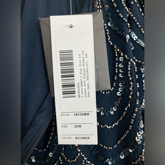 J Kara 3/4 Sleeve Scallop Beaded Pop Over Gown Navy Blue Size 20W - Picture 8 of 15